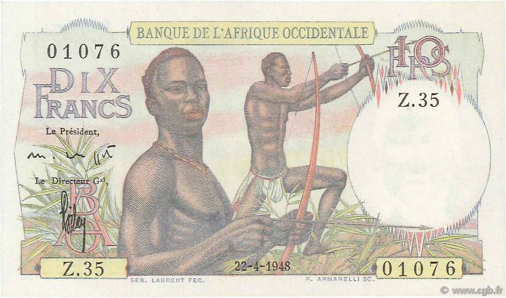 10 Francs FRENCH WEST AFRICA  1948 P.37 SC+