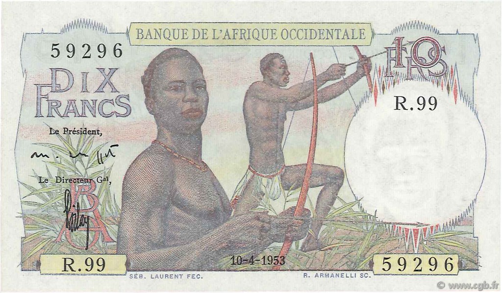 10 Francs FRENCH WEST AFRICA  1953 P.37 SC+