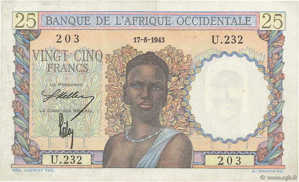 25 Francs FRENCH WEST AFRICA  1943 P.38 VZ