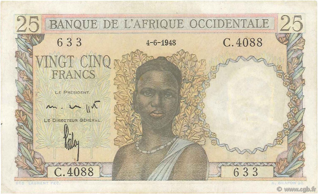 25 Francs FRENCH WEST AFRICA  1948 P.38 XF