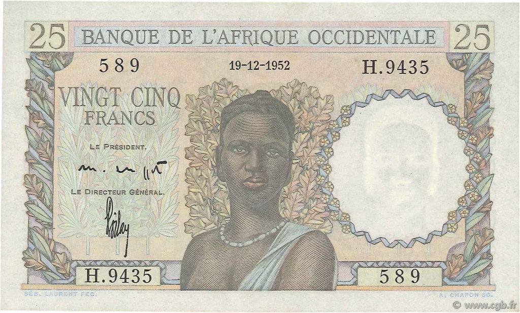 25 Francs FRENCH WEST AFRICA  1952 P.38 UNC-
