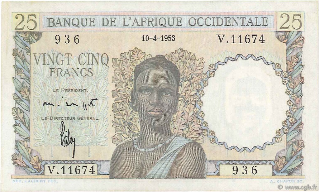 25 Francs FRENCH WEST AFRICA  1953 P.38 EBC