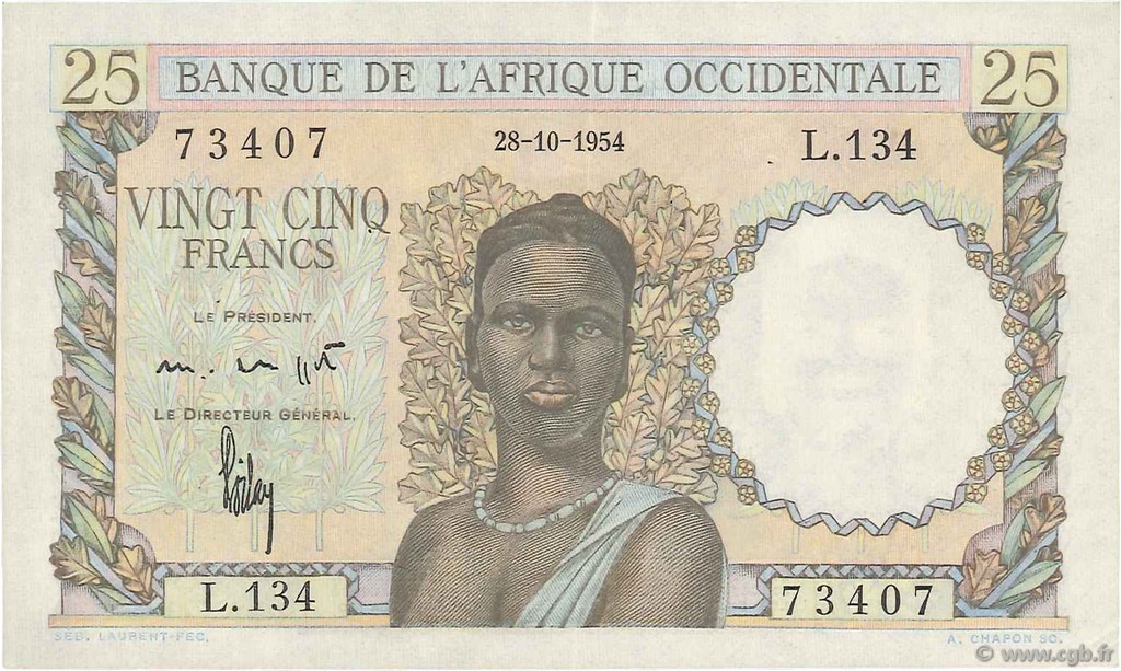 25 Francs FRENCH WEST AFRICA (1895-1958)  1954 P.38 XF