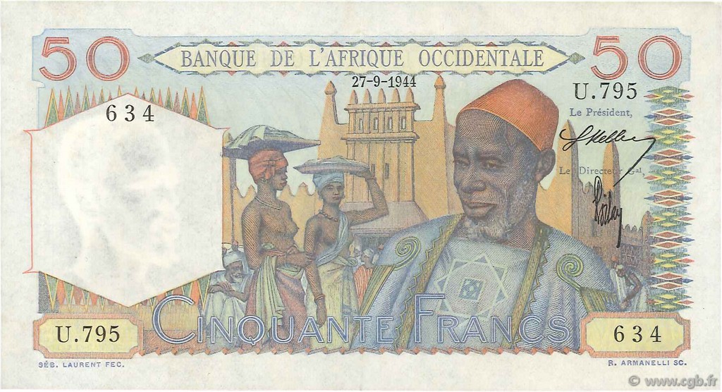 50 Francs FRENCH WEST AFRICA  1944 P.39 XF