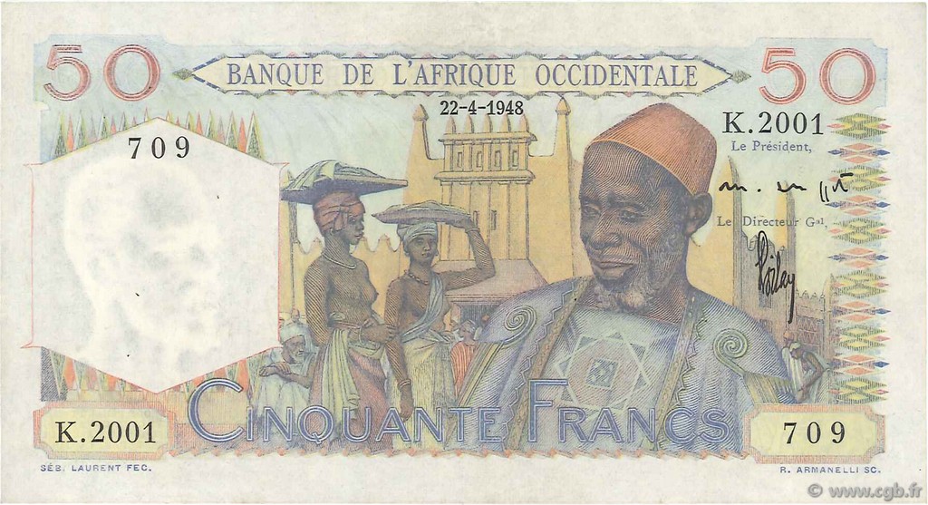 50 Francs FRENCH WEST AFRICA  1948 P.39 VF+