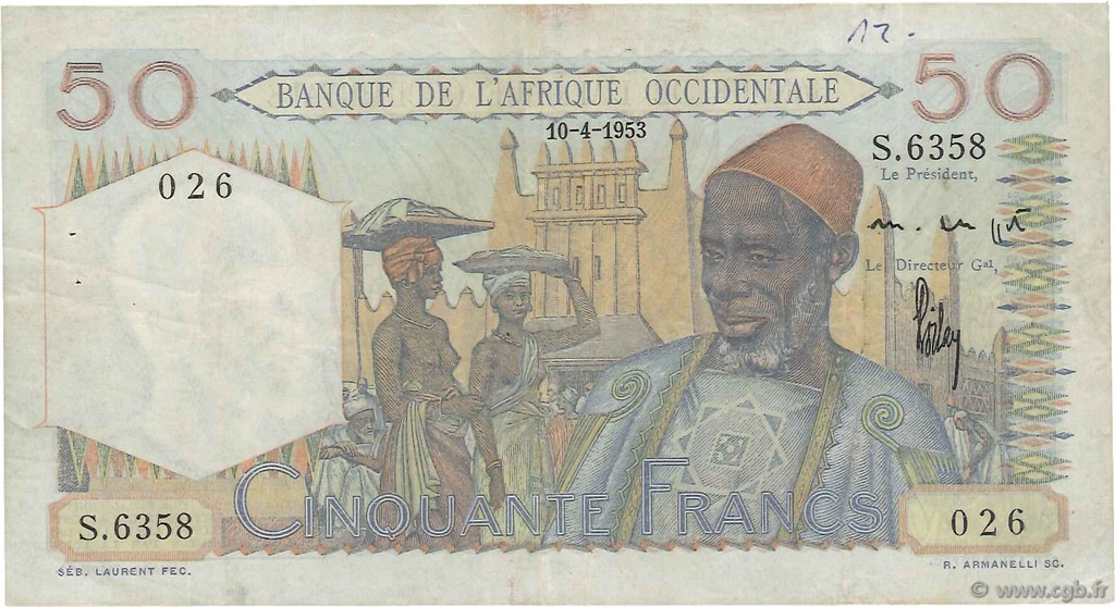 50 Francs FRENCH WEST AFRICA  1953 P.39 BC+