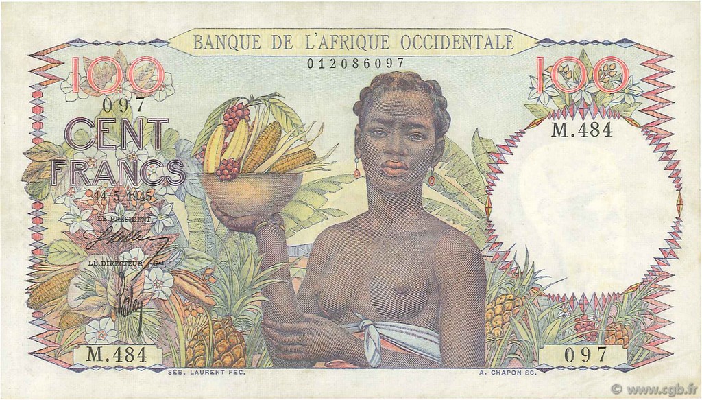 100 Francs FRENCH WEST AFRICA  1945 P.40 VZ+