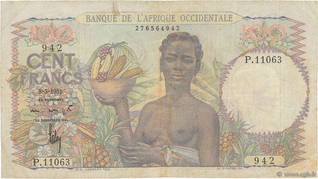 100 Francs FRENCH WEST AFRICA  1951 P.40 BC+
