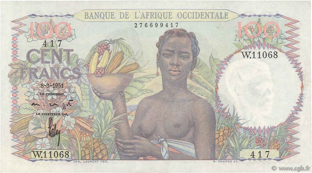 100 Francs FRENCH WEST AFRICA  1951 P.40 fST