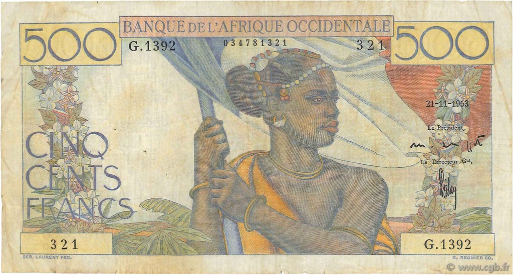 500 Francs FRENCH WEST AFRICA  1953 P.41 BC+