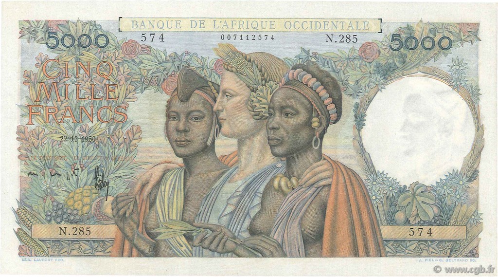 5000 Francs FRENCH WEST AFRICA  1950 P.43 q.FDC