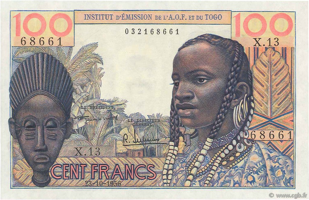 100 Francs FRENCH WEST AFRICA  1956 P.46 q.FDC