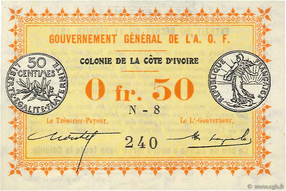 50 Centimes COSTA D AVORIO  1917 P.01b q.FDC