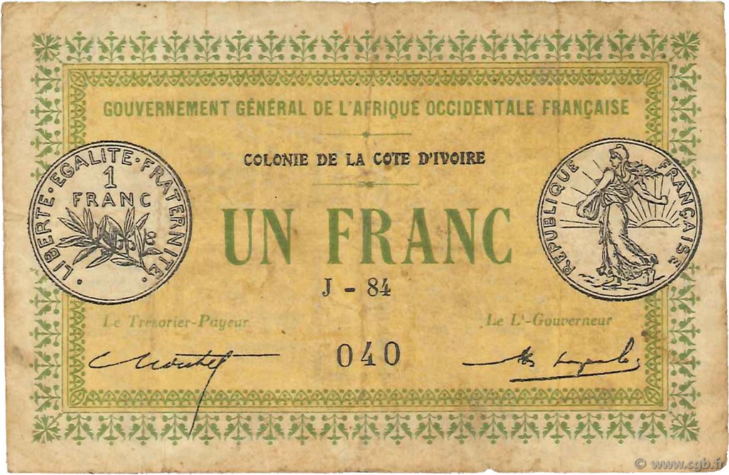 1 Franc IVORY COAST  1917 P.02b VG