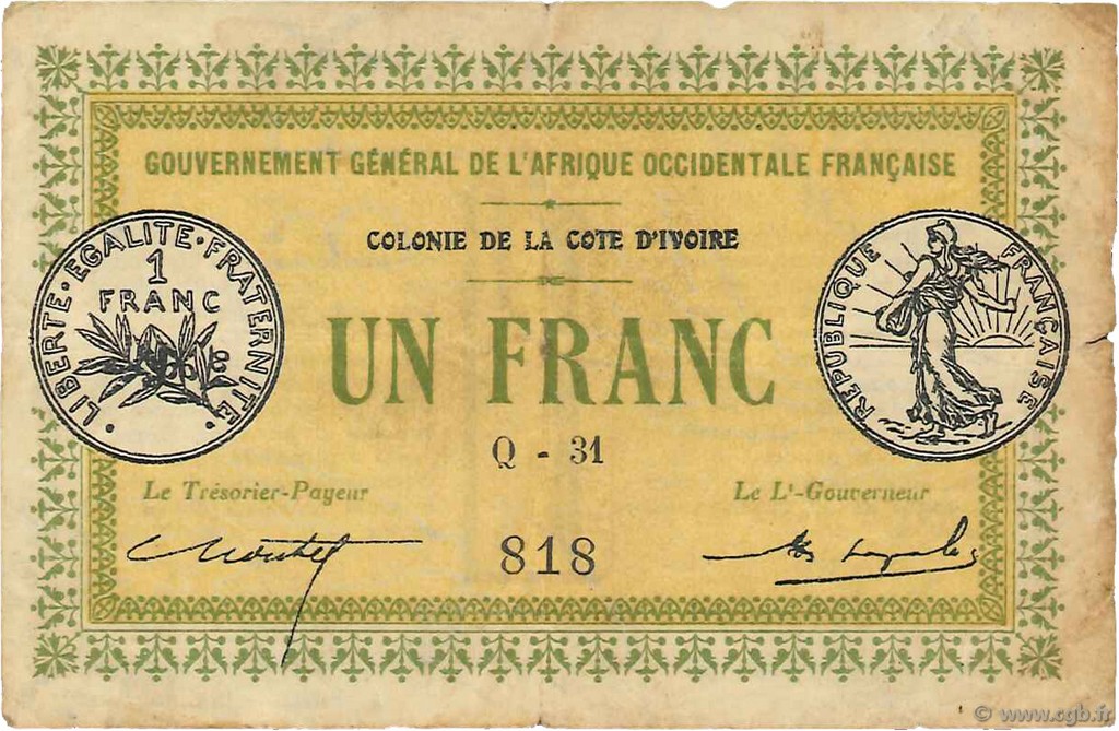 1 Franc COTE D IVOIRE  1917 P.02b TB