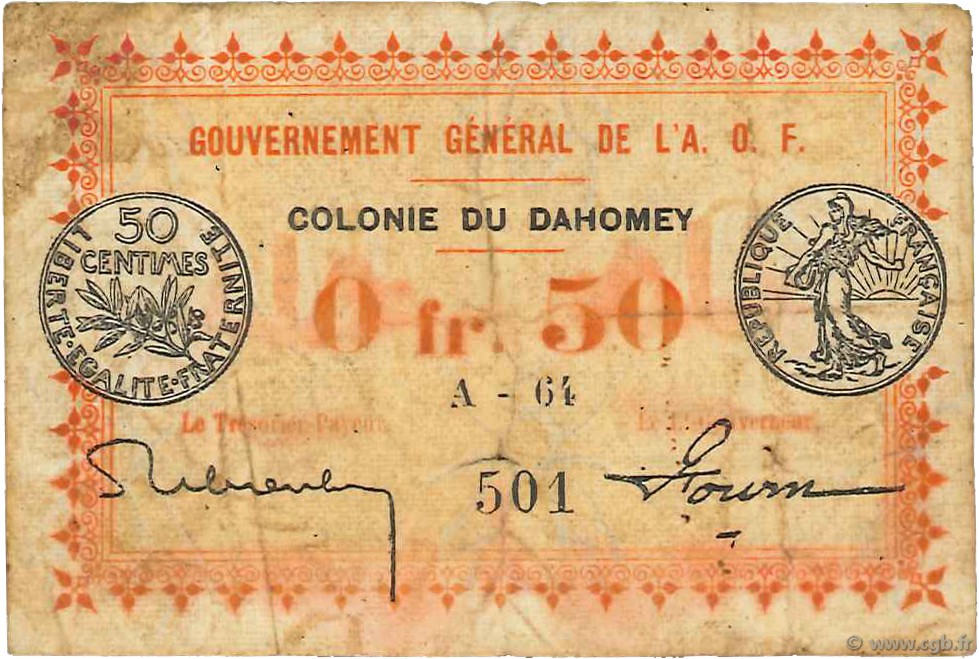 50 Centimes DAHOMEY  1917 P.01a q.MB