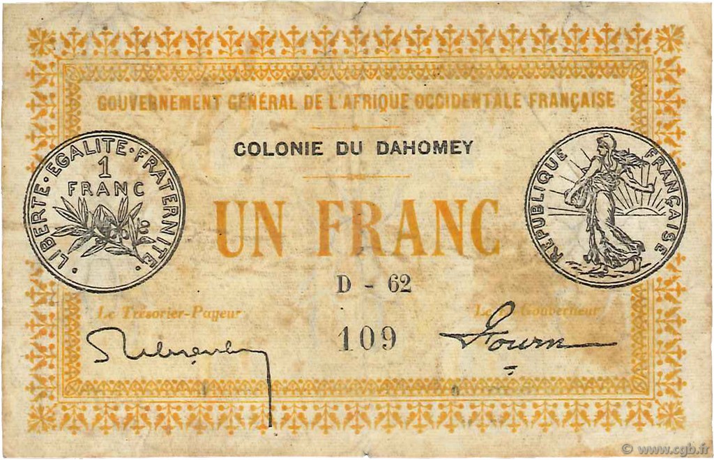1 Franc DAHOMEY  1917 P.02a VG