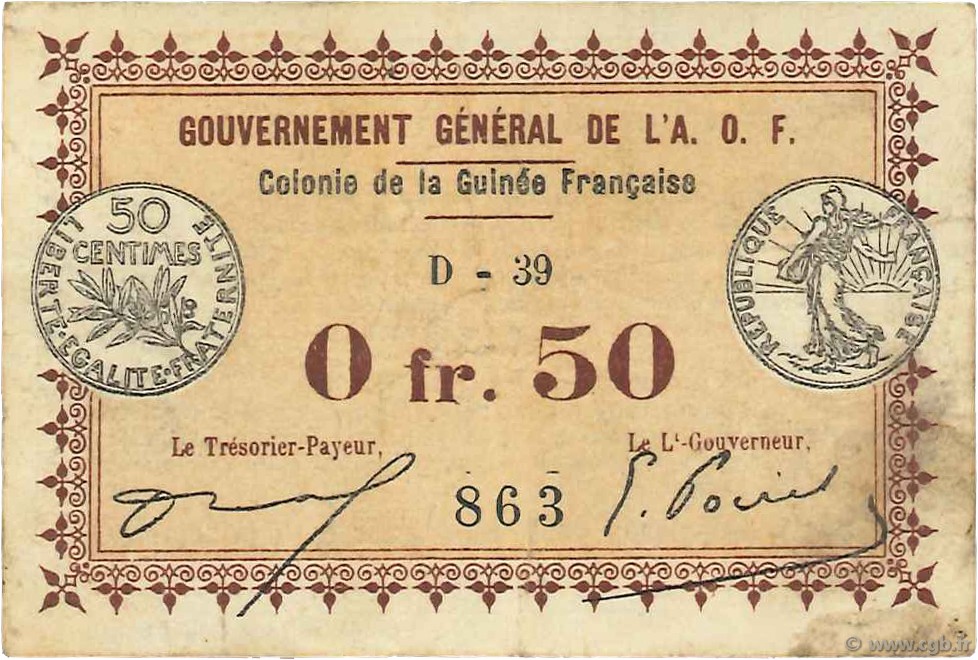 50 Centimes GUINEA  1917 P.01d fSS