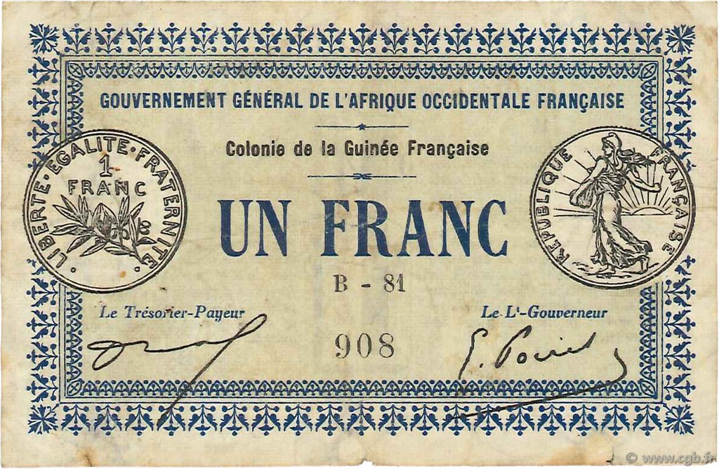 1 Franc GUINEA  1917 P.02a F+
