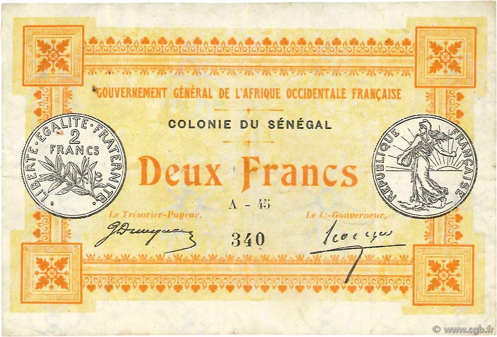 2 Francs SENEGAL  1917 P.03b BB