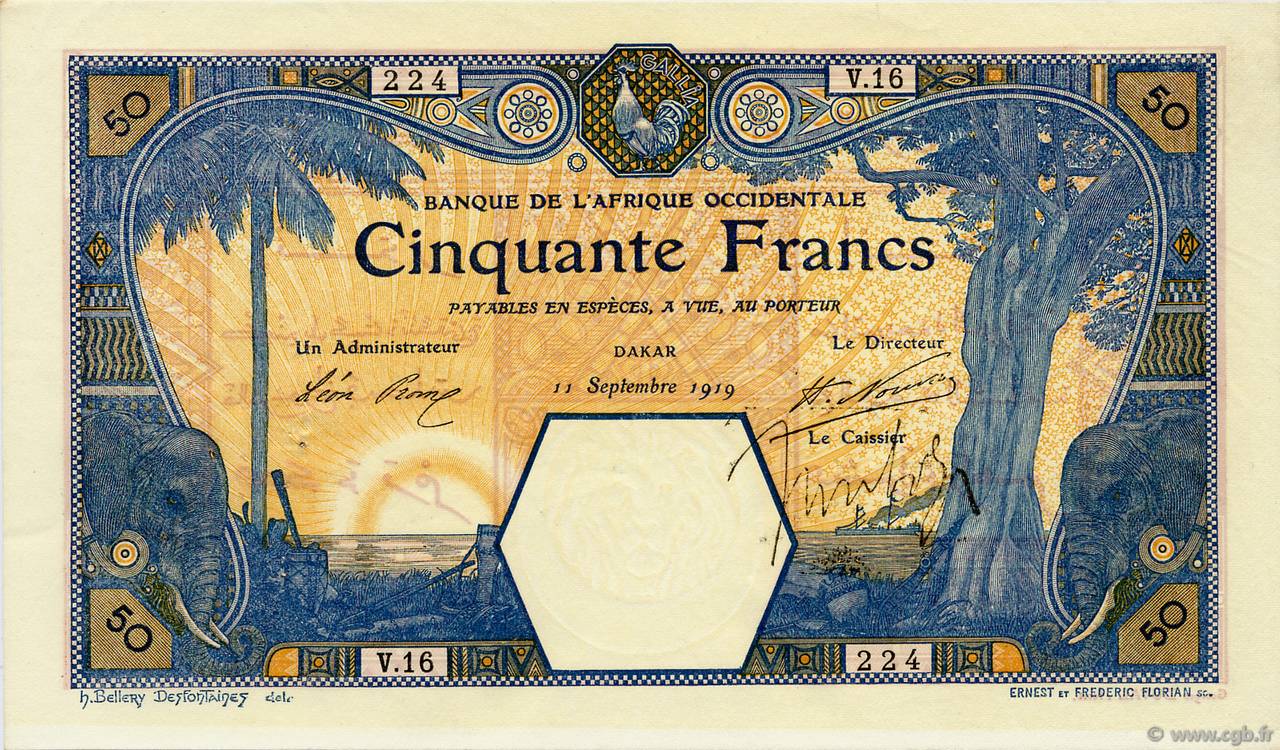 50 Francs DAKAR FRENCH WEST AFRICA Dakar 1919 P.09Ba XF