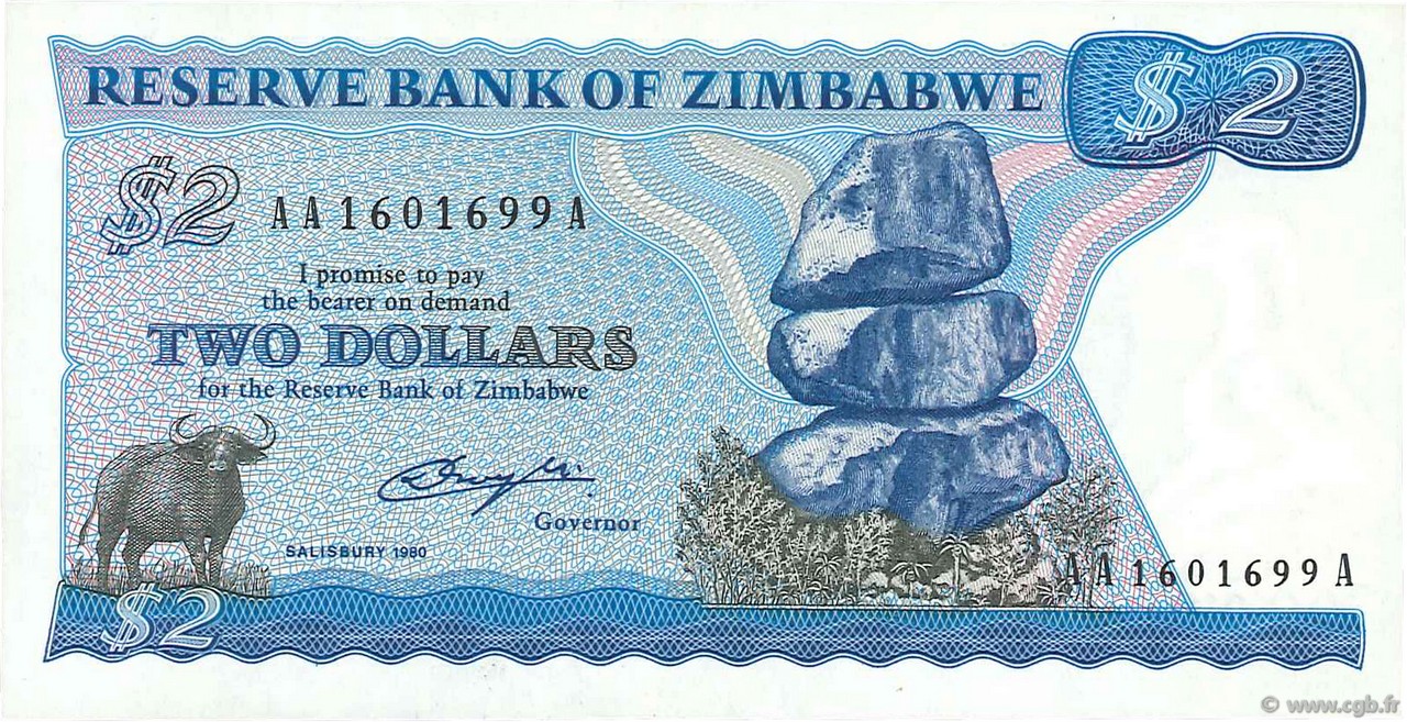 2 Dollars ZIMBABWE  1980 P.01a UNC-