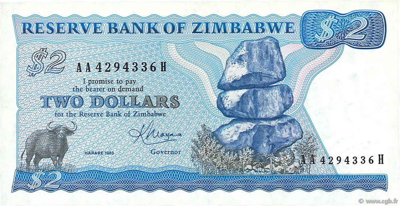 2 Dollars ZIMBABWE  1983 P.01c UNC