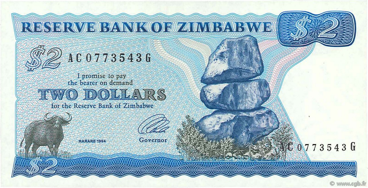 2 Dollars ZIMBABWE  1994 P.01d UNC