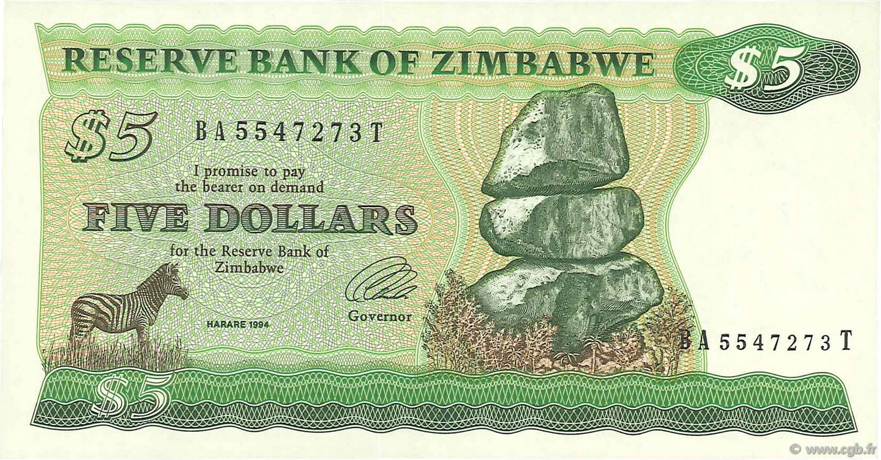5 Dollars ZIMBABWE  1994 P.02d q.FDC