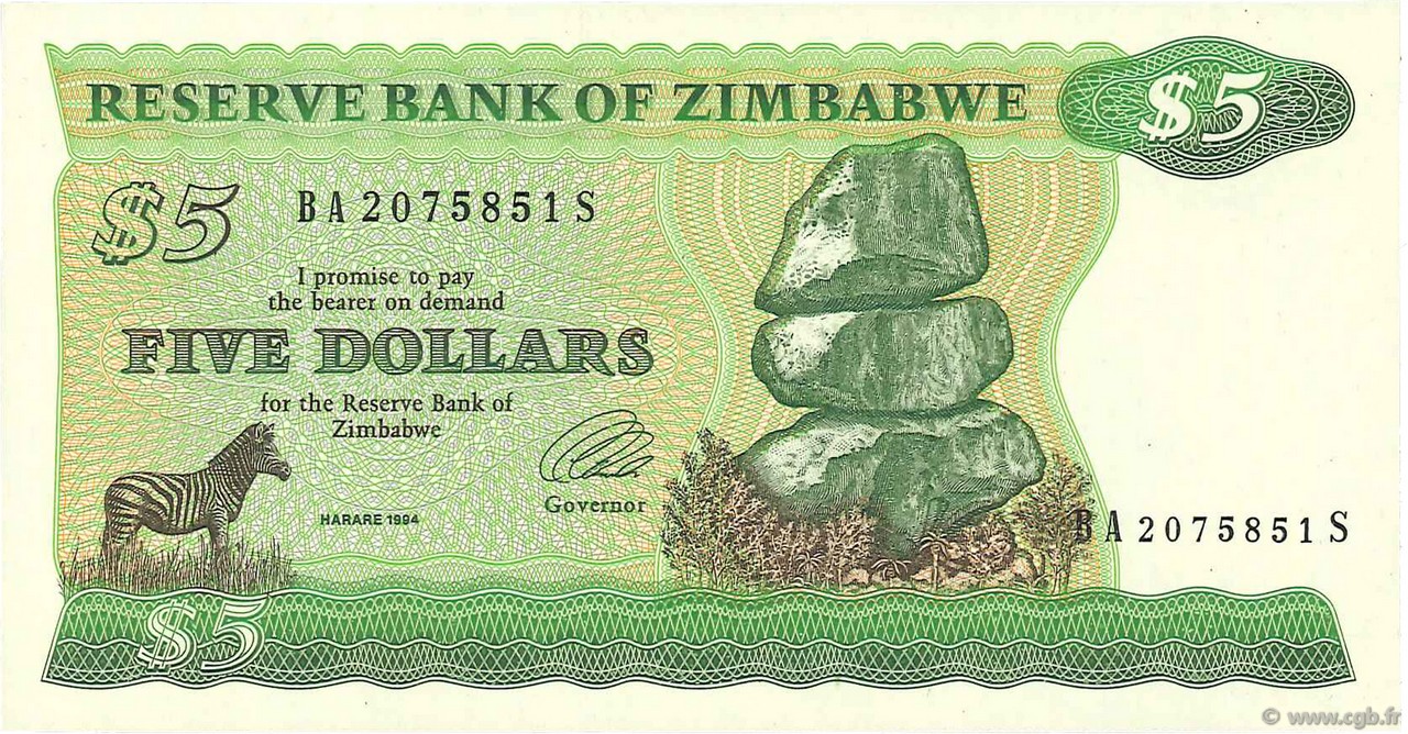 5 Dollars ZIMBABWE  1994 P.02e q.FDC