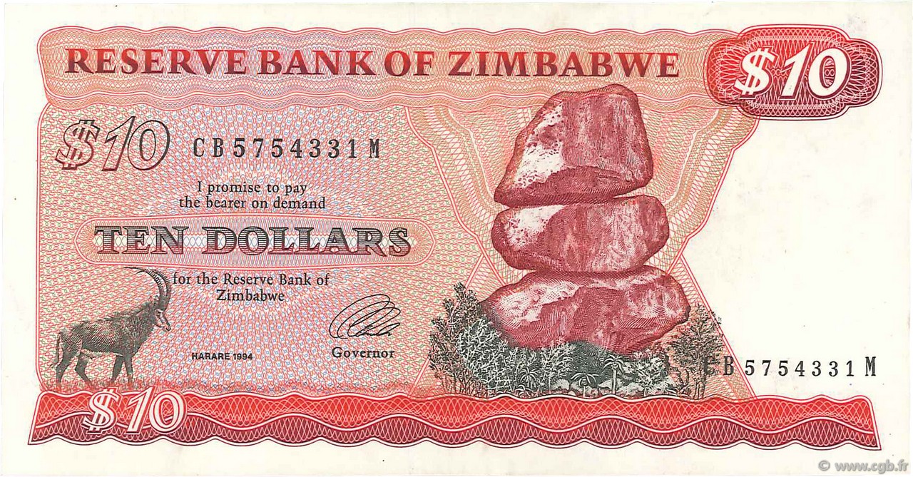 10 Dollars ZIMBABWE  1994 P.03e q.SPL