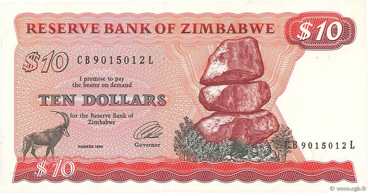 10 Dollars ZIMBABWE  1994 P.03e SPL
