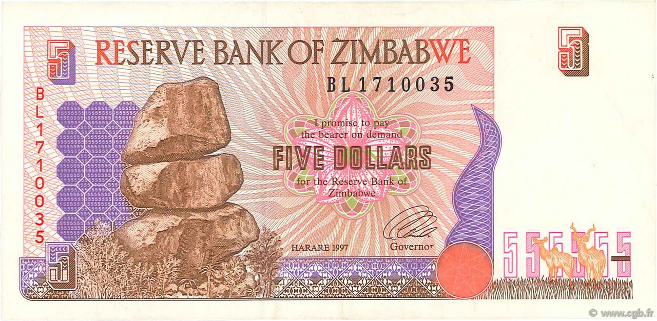 5 Dollars ZIMBABWE  1997 P.05a BB