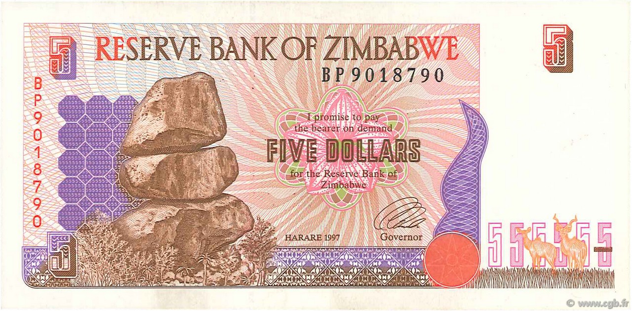 5 Dollars ZIMBABWE  1997 P.05b VF