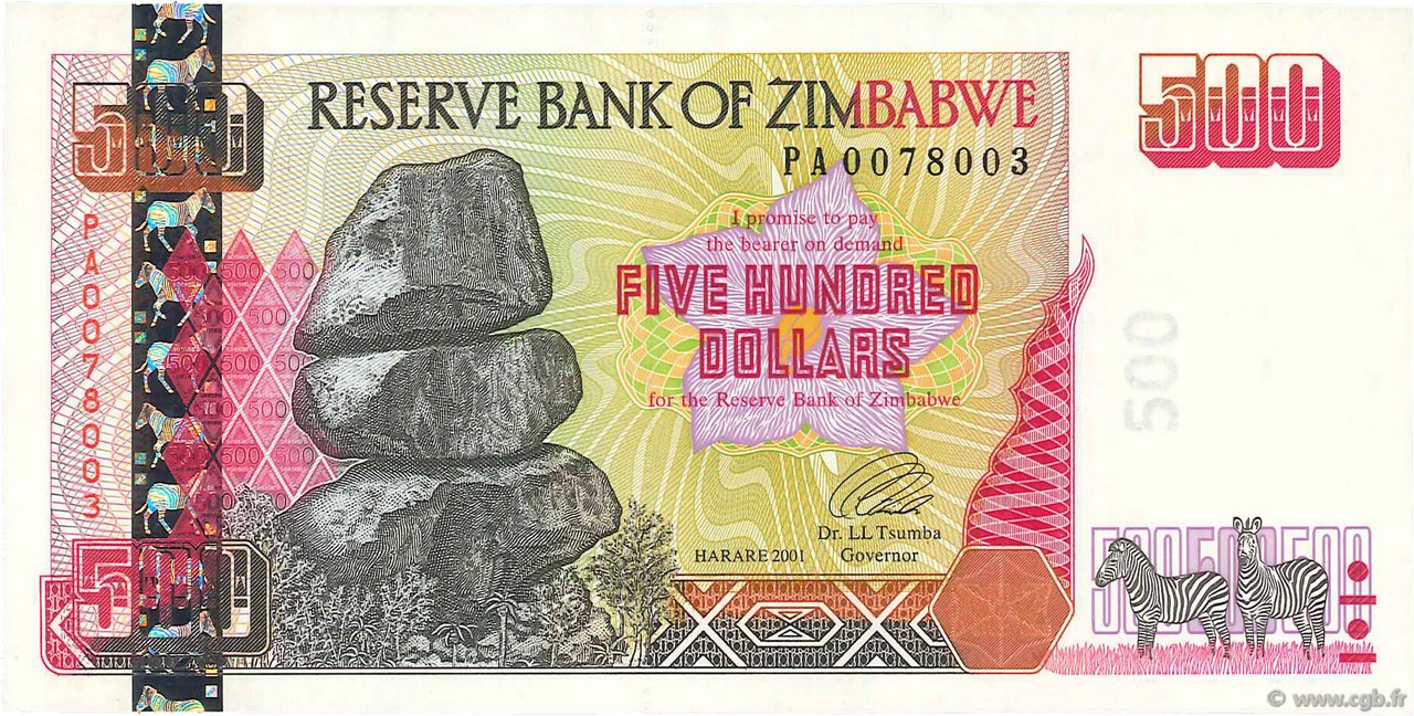 500 Dollars ZIMBABWE  2001 P.10 SPL