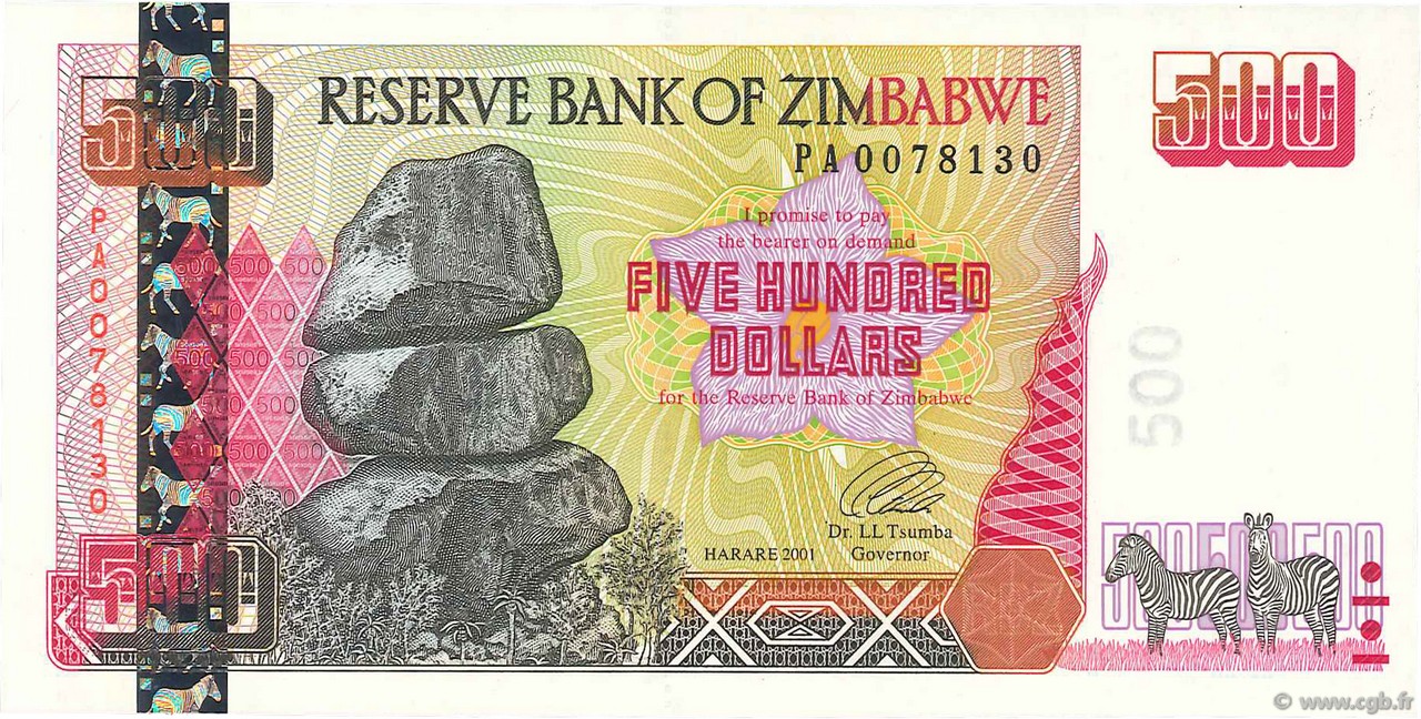 500 Dollars ZIMBABWE  2001 P.10 FDC