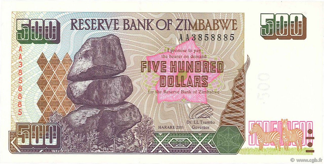 500 Dollars ZIMBABWE  2001 P.11a FDC