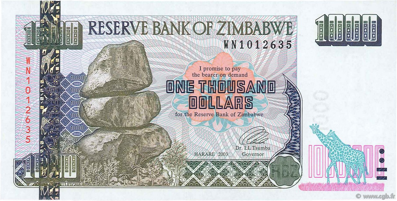 1000 Dollars ZIMBABWE  2003 P.12b FDC