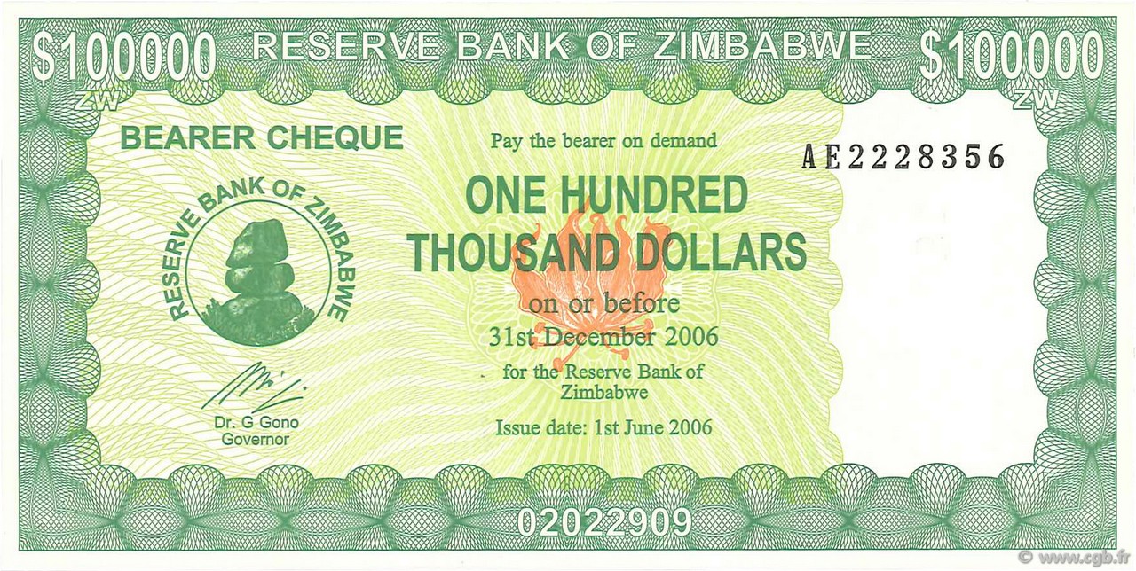 100000 Dollars ZIMBABWE  2006 P.32 UNC