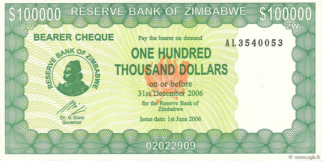 100000 Dollars ZIMBABWE  2006 P.32 XF