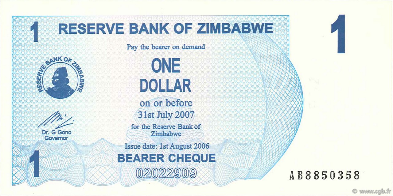 UNC- BEARER CHEQUE ZIMBABWE 1 DOLLAR 2006 P-37 
