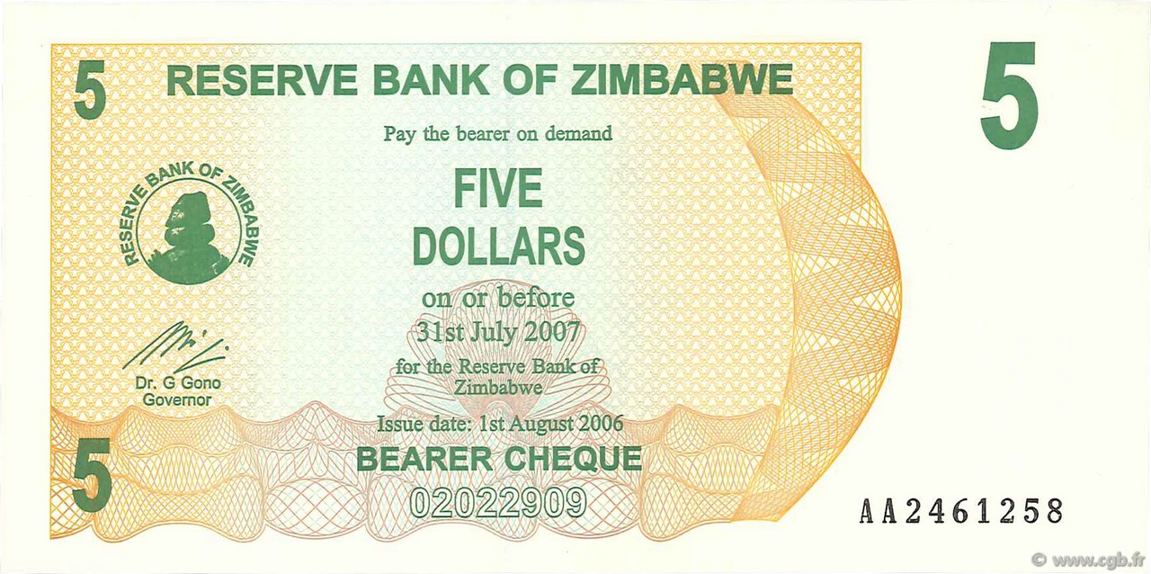 5 Dollars ZIMBABUE  2006 P.38 FDC