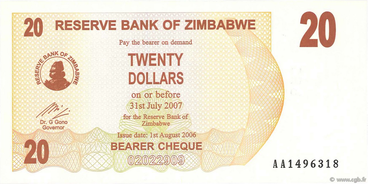 20 Dollars ZIMBABUE  2006 P.40 FDC