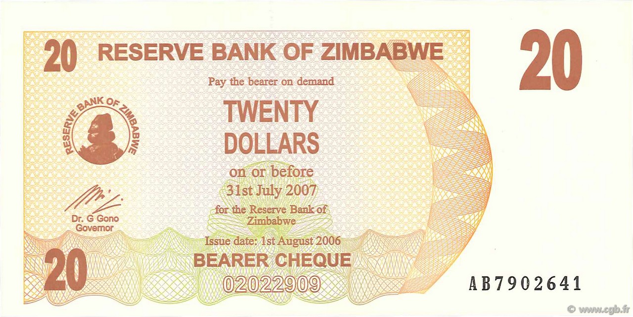 20 Dollars SIMBABWE  2006 P.40 fST+