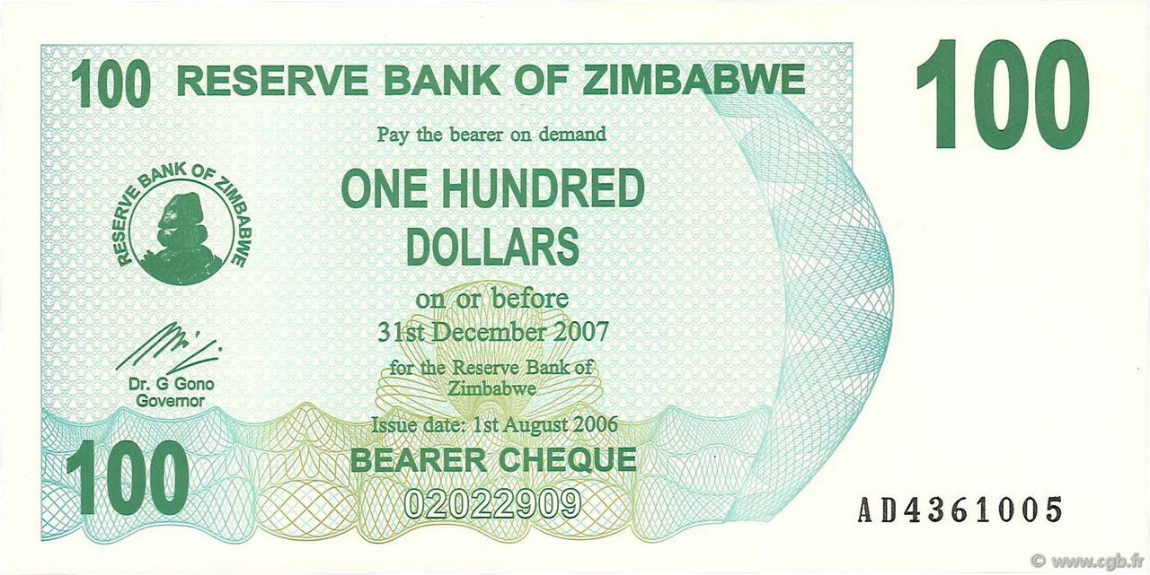 100 Dollars ZIMBABUE  2006 P.42 FDC