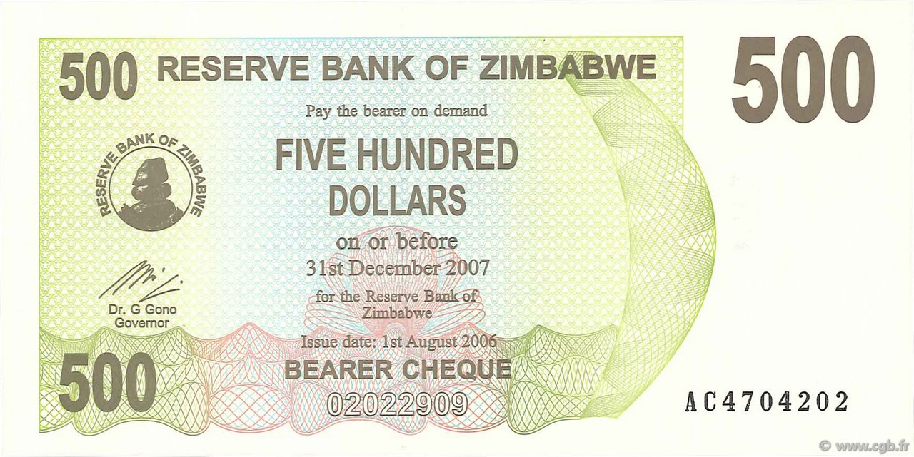 500 Dollars ZIMBABUE  2006 P.43 FDC