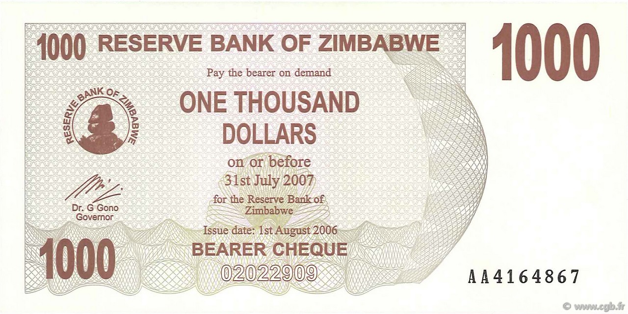1000 Dollars ZIMBABUE  2006 P.44 FDC