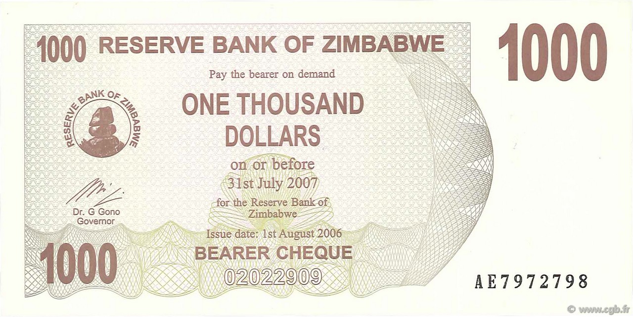 1000 Dollars ZIMBABUE  2006 P.44 FDC