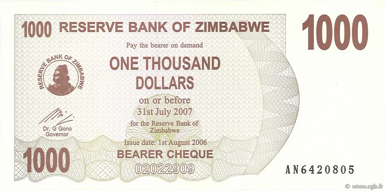 1000 Dollars ZIMBABWE  2006 P.44 AU