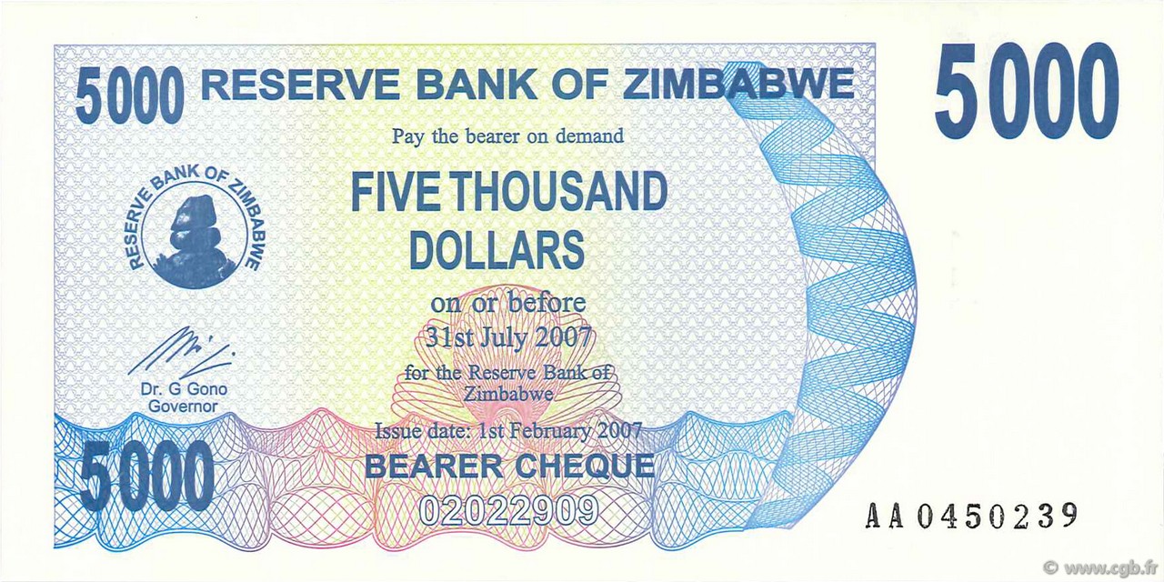 5000 Dollars SIMBABWE  2007 P.45 ST